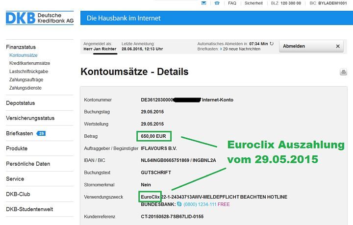Euroclix Auszahlungsnachweis